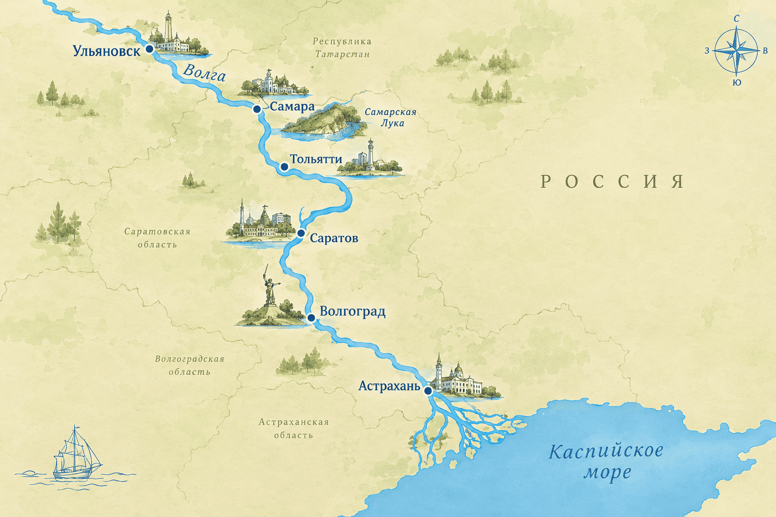 Карта маршрута Лингворегаты по Волге